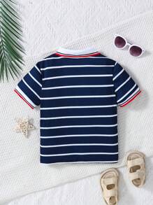 男童条纹恐龙刺绣 Polo 领短袖 T 恤，夏季 - 黑色 - 查看 2