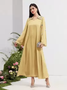 Al Najma Women's Solid Color Long Sleeve Arabic Style Dress With Rhinestone Decoration, Minimalist Fashion Suitable For Summer,Modest - Yellow - View 4