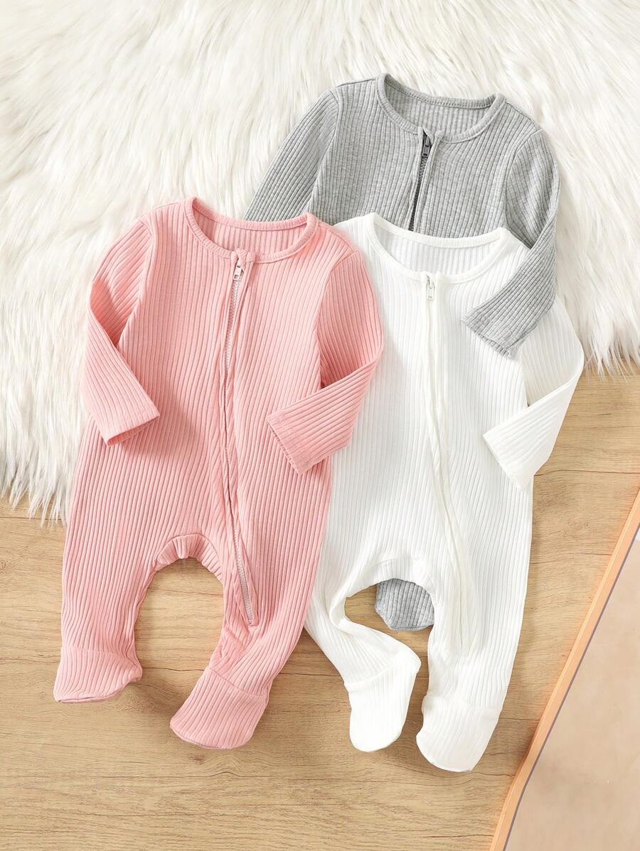 SHEIN 3pcs Pack Newborn Baby Boy Minimalist Soft Long Sleeve Round Neck Zipper Crotch Comfy Knit Romper Jumpsuit - Multicolor - View 1