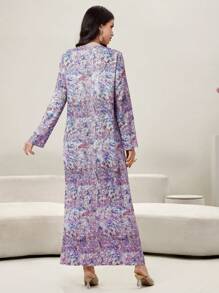 Al Najma Women's V-Neck Pullover Tie Dye Floral Pattern Sequins Embroidered Collar Pleated Insert Romantic Elegant Turkish/Arabic Long Kaftan,Modest - Multicolor - View 2