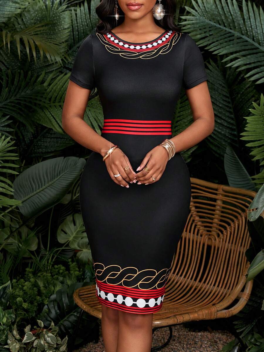 SHEIN Lady 春夏休闲优雅波西米亚风彩色印花梭织斜露肩长袍超长宽松长裙大码连衣裙