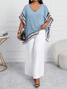 Fleurora 春夏休闲海军蓝编织圆领斗篷袖七分袖大码套装情人节新年女装