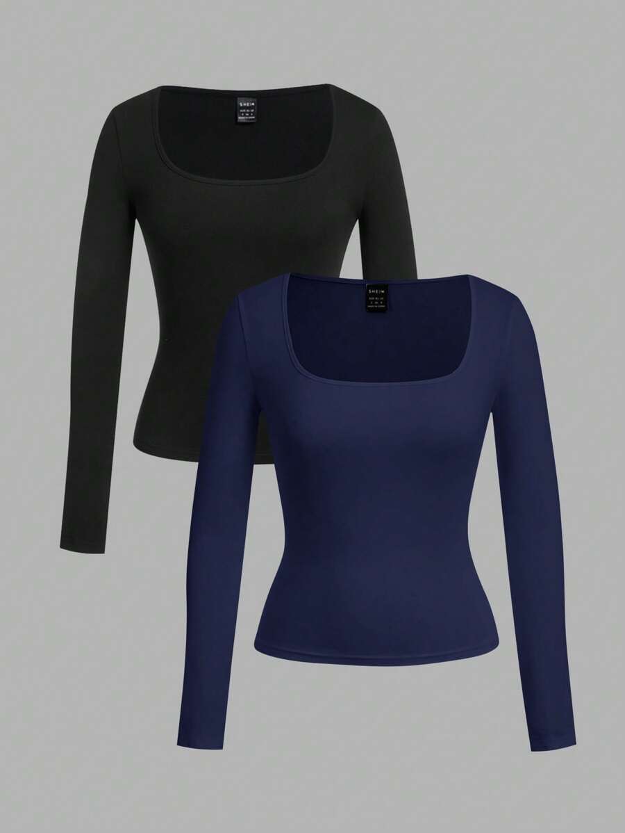 SHEIN EZwear 2 件套黑色和海军蓝方领修身长袖休闲 T 恤女款春夏 - 彩色 - 查看 1
