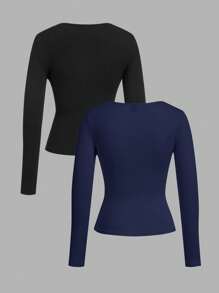 SHEIN EZwear 2 件套黑色和海军蓝方领修身长袖休闲 T 恤女款春夏 - 彩色 - 查看 2