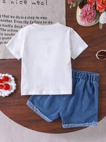 2pcs Young Girl Ivory Knit Short Sleeve Top With Cherry Print, Blue Shorts With Red Cherry Embroidered Unique Fashion Denim Shorts, Summer Outfit