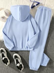 SHEIN 女大童標語和蝴蝶印花保暖連帽衫和運動褲