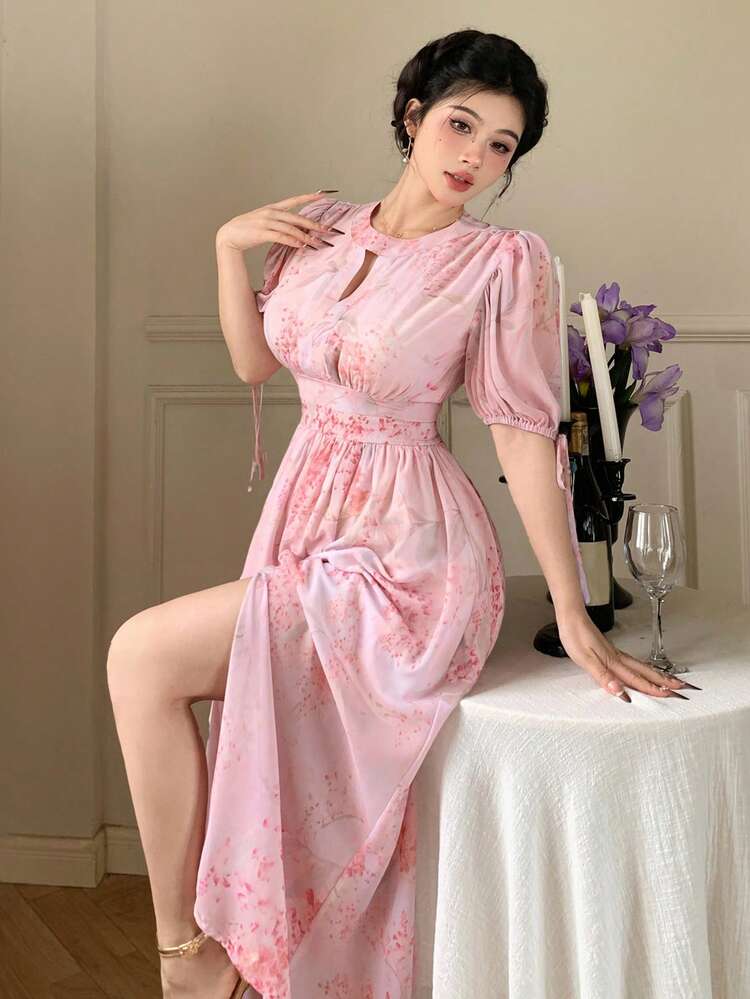 Women's Floral Print Keyhole Neck Puff Sleeve Elegant Long Dress Maxi Dress