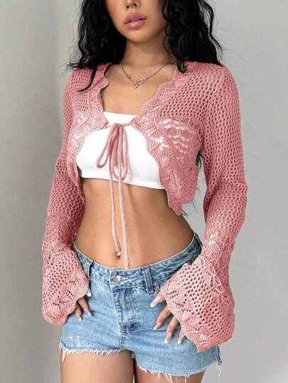 Flirla 女士纯色镂空系带前短款开衫，适合度假