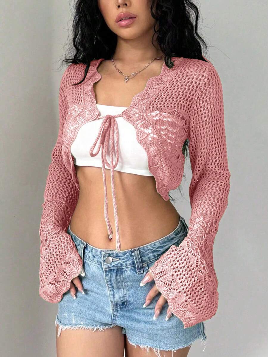 Flirla Cardigan Pendek Wanita Warna Polos dengan Lubang dan Tali di Bagian Depan, Cocok untuk Liburan Musim Gugur dan Musim Dingin. - Berwarna merah muda - View 1