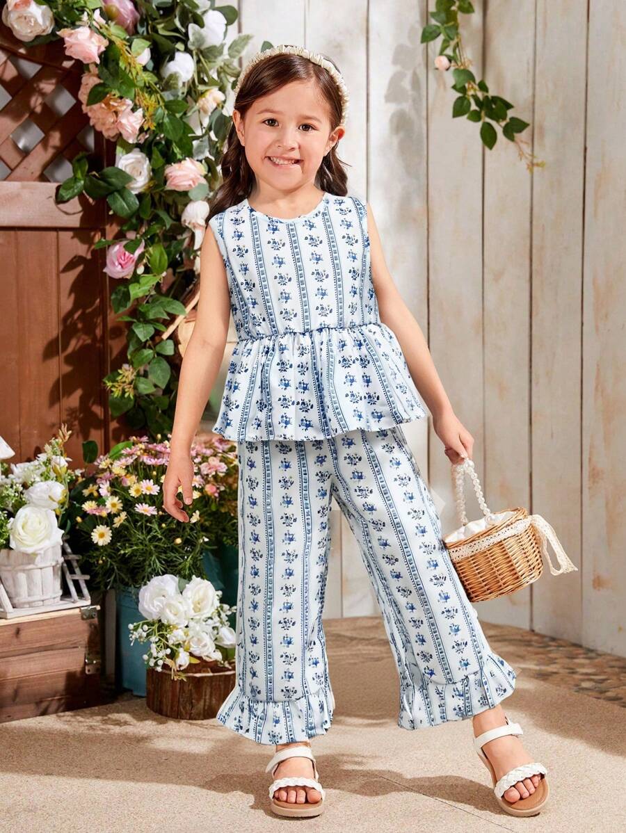 SHEIN Leap Crew 2件套少女碎花雪纺圆领吊带背心和宽松裤子套装