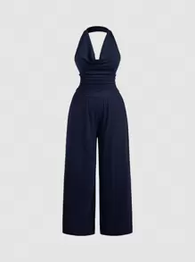SHEIN MOD Plus Size Halter Loose Waist Ruched Wide Leg Jumpsuit