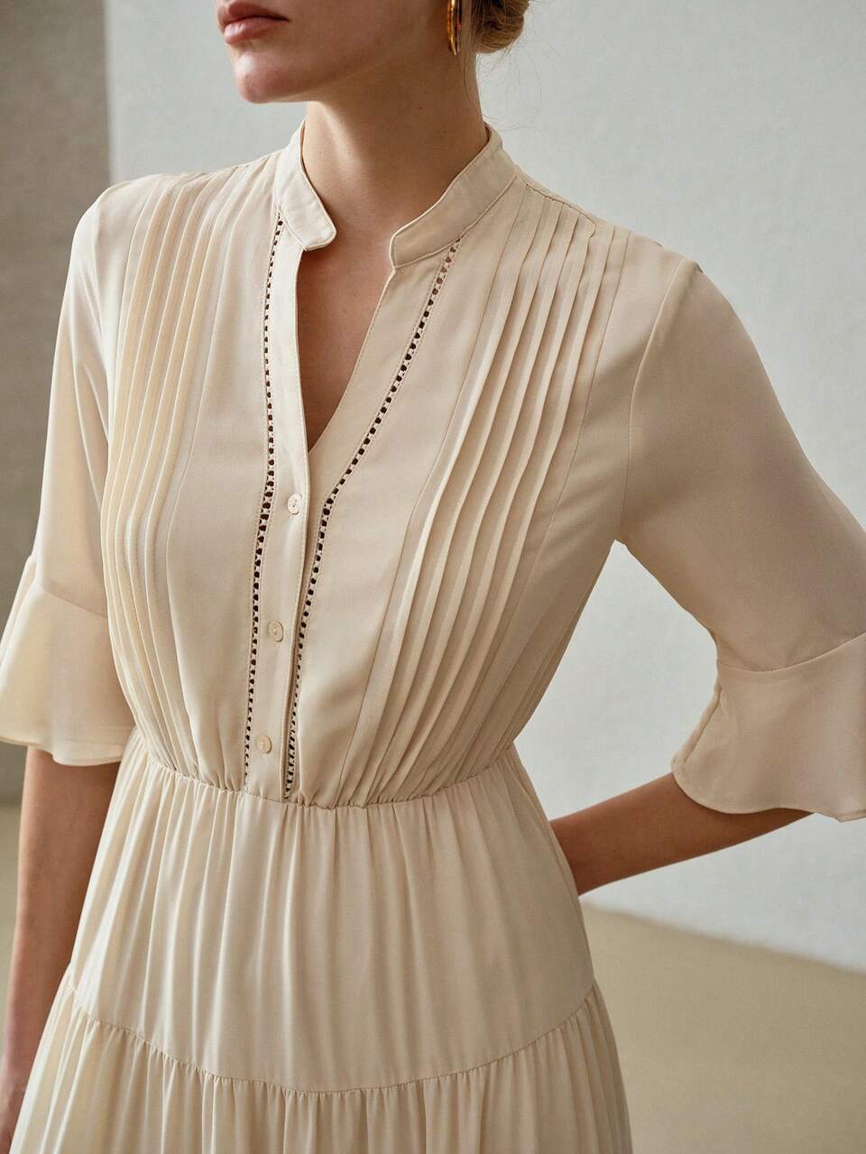 NOTCH NECK FLARE SLEEVE TIERED HEM DRESS,SUMMER OUTFITS