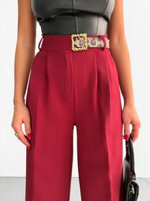 EURMUSE Women Wide Leg Pant With Leopard Belt Detail - Burgundy - View 1