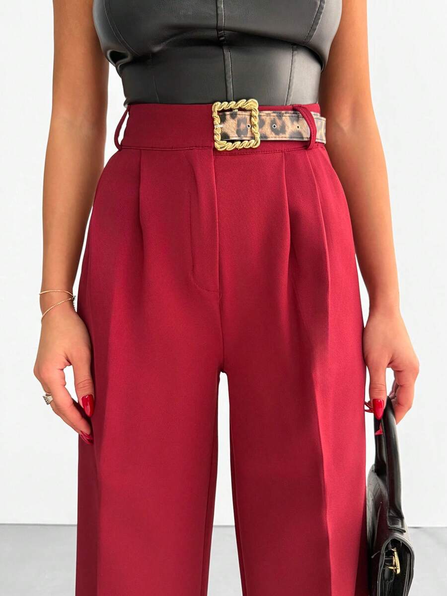 EURMUSE Women Wide Leg Pant With Leopard Belt Detail - Burgundy - View 1