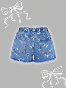 SHEIN PETITE CURVE Plus Size Women's White Bow Design Blue Denim Fringe Hem Shorts Summer Work Clothes Women Airport For Women Vacays Women Club High Waisted Jeans High Waisted Shorts Vintage Y2k Streetwear Women Grunge Raves Festival - Blue - View 2