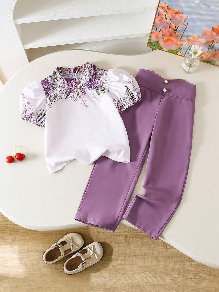SHEIN 2 件套:花卉印花泡泡袖衬衫和直筒裤,适合年轻女孩 - 彩色 - 查看 1