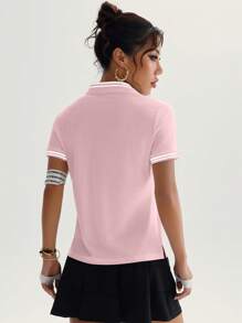 SHEIN Sport Studio Camisa polo deportiva de manga corta con ribete a rayas para mujer, casual de verano