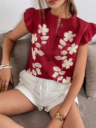 Serisse 女士红色夏季刺绣图案飞袖衬衫 女士夏季服装 夏季上衣 度假服装 女士春季服装 西装 女士休闲通勤日常服装