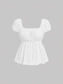 SHEIN MOD Plus Size White Tee With Gathered Bust, Waistline Jacquard,Casual Tops,Babydoll Women Tee,Summer Tops Women,Cute Tops Women - White - View 1