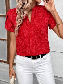 SHEIN Clasi 女士 V 领提花短袖优雅日常专属衬衫，红色，春夏 - 紅色 - 查看 5