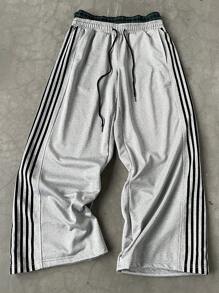 Manfinity Sporsity 3pcs/Set Men's Casual Sports Striped Double Layer Elastic Waist Wide Leg Sweatpants, Autumn Going Out Street Wear Drawstring Color Block Sweatpants, For Husband, Boyfriend Gifts, Men Sets Pants