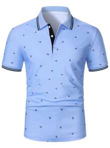 Calvornis 男士夏季休闲锚印花短袖 Polo 衫，男士高尔夫 Polo 衫趣味印花 - 淺藍色 - 查看 3