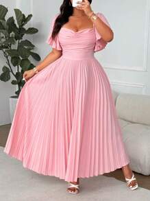 SHEIN Clasi Plus Size Square Neck, Ruffle Trim, Puff Sleeve, Pleated A-Line Dress, Elegant Vintage Style For Spring/Summer Vacation, Wedding, Party, Bridesmaid - Pink - View 5