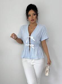 Elenzga Women's Short Sleeve Casual Plaid Collar Tie Shirt - Baby Blue - View 4