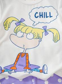 Nick 90s | SHEIN 女婴 2 件套卡通可爱甜美休闲风格白色卡通图案 T 恤和紫色圆点短裤套装，适合春夏季 - 紫色 - 查看 7