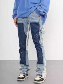 ROMWE MEN Street Life Men's Loose Fit Color Block Straight Leg Jeans With Pockets - Blue - View 3