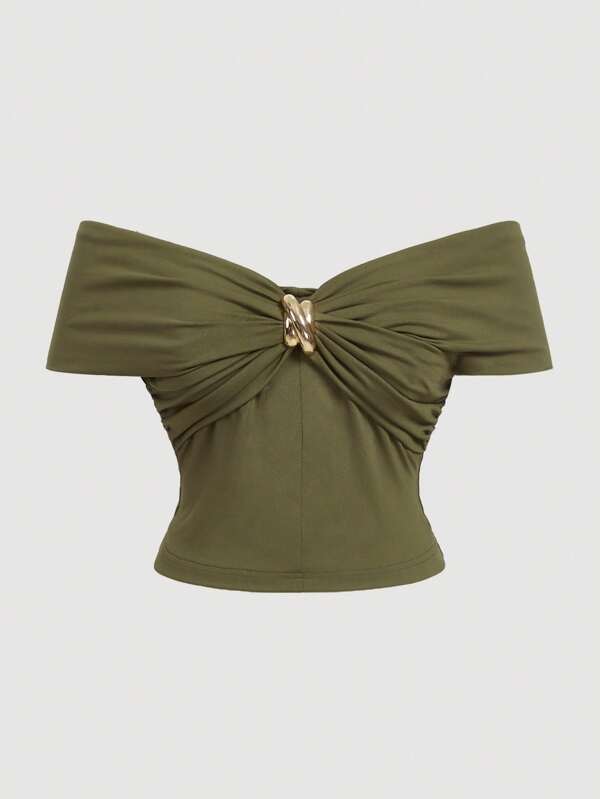 SHEIN MOD Plus Size Women Green Off Shoulder Top,Going Out Tops Women,Y2k Tops,New Years Top,Sexy Top,Party Tops Women,Knitted Top, Clothes Women,New Years Women Outfit Women Clothing Tops Classy Tops For Women