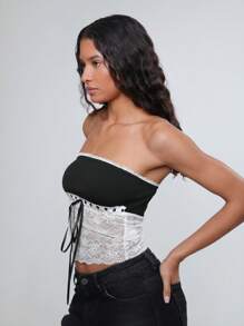 TRNVIE Elegant Colorblock Lace Patchwork Bow Bandeau Top