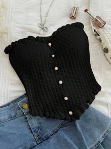 SHEIN WYWH 大码女式针织束带紧身胸衣上衣，配珍珠纽扣，浪漫的春假分层单品 - 黑色 - 查看 1