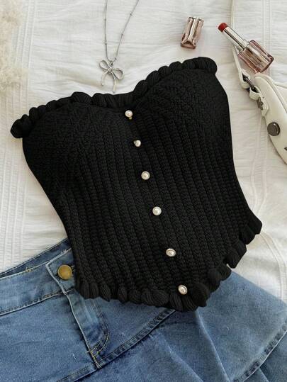 SHEIN WYWH 大码女式针织束带紧身胸衣上衣，配珍珠纽扣，浪漫的春假分层单品