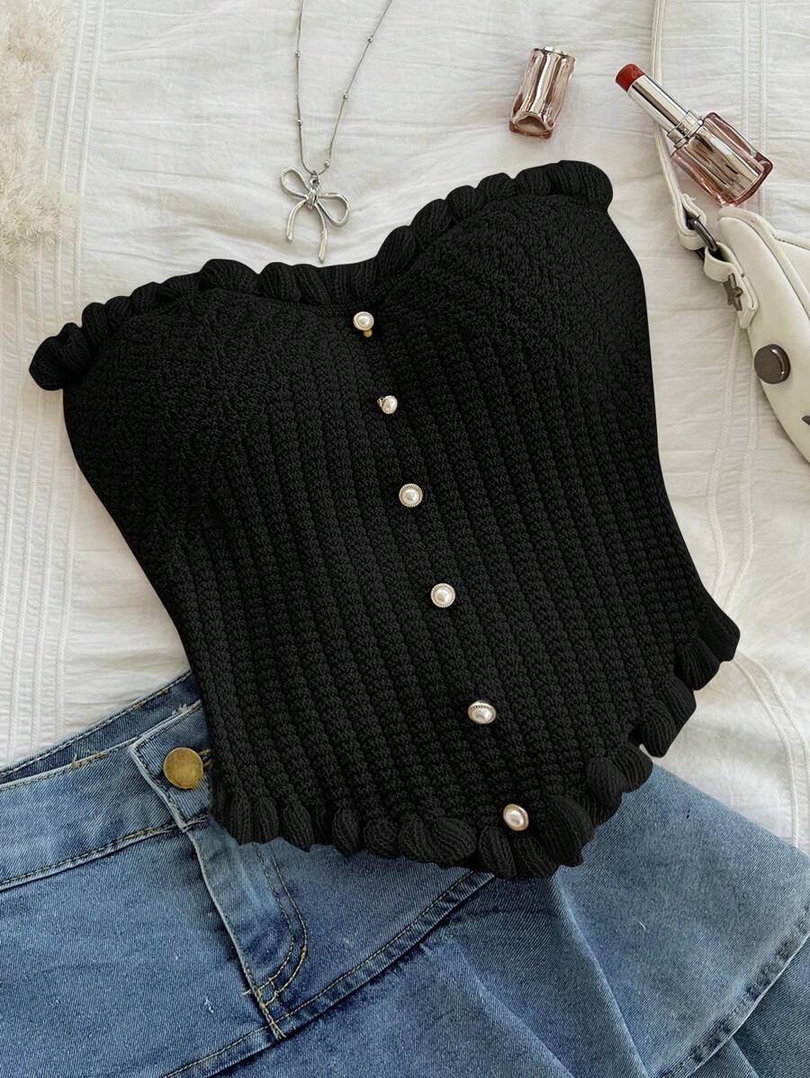 SHEIN WYWH 大码女式针织束带紧身胸衣上衣，配珍珠纽扣，浪漫的春假分层单品 - 黑色 - 查看 1