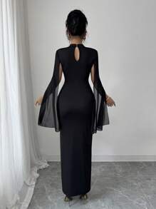 Elenzga Halloween Costume Patchwork Pearl Chiffon Bubble Dress, Elegant Fitted Style For Women Fall Cloth For Women - Black - View 2