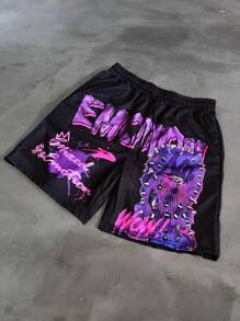 Manfinity EMRG 男士街头运动服高街字母图案 Y2k 黑色短裤，适合健身、篮球