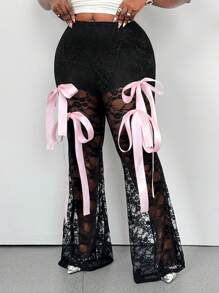 Maweii Plus Size Elegant Sexy See-Through Lace Bowknot Waist Pants Fall Cloth For Women