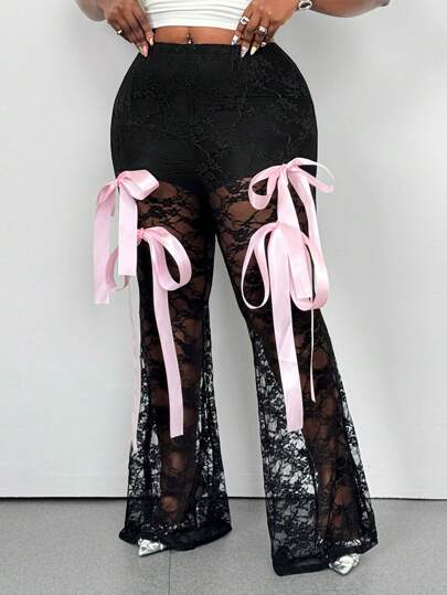 Maweii Plus Size Elegant Sexy See-Through Lace Bowknot Waist Pants Fall Cloth For Women