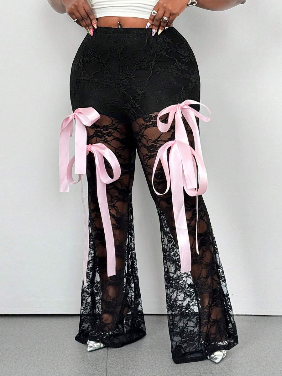 Maweii Plus Size Elegant Sexy See-Through Lace Bowknot Waist Pants Fall Cloth For Women