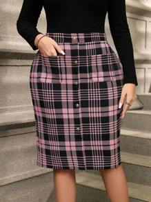 SHEIN Clasi Falda lápiz a cuadros con bolsillo y diseño de botones para mujer de talla grande