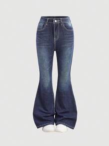 SHEIN Girlism Tween Girl Fashion Y2K Low Waist Vintage Rhinestone Butterfly Embroidered Denim Flare Leg Jeans, Fall Winter Clothes Back To School