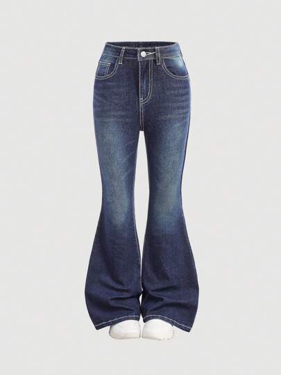 SHEIN Girlism Tween Girl Fashion Y2K Low Waist Vintage Rhinestone Butterfly Embroidered Denim Flare Leg Jeans, Fall Winter Clothes Back To School