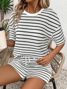 SHEIN LUNE Women's Striped Crew Neck Drop Shoulder Top And Tie-Waist Shorts Casual 2 Pieces Set Casual Sets For Women Summer Clothes For Women