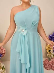 SHEIN Belle Plus Size Elegant Simple Oblique Shoulder, High Waist 3D Flower Decor, Ruffle Hem Long Bridesmaid Dress - Mint Green - View 2