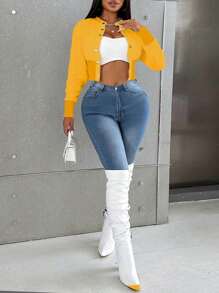 Zolique Women's Solid Color Long Sleeve Single-Breasted Casual Baseball Jacket Fall Winter Cloth For Women - Mustard Yellow - View 5