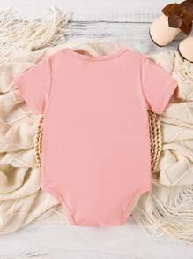 SHEIN Baby Girl Cute Heart & Letter Print Short Sleeve Bodysuit, Summer - Pink - View 2
