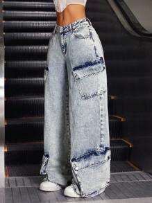 SHEIN ICON 女士休闲洗水阔腿工装牛仔裤 - 藍色 - 查看 4