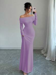 Rafferiza 性感优雅修身长袖收腰双层露肩露背扭纹鱼尾下摆罗纹针织连衣裙，白色，秋冬超长女装 - 淡紫色 - 查看 4