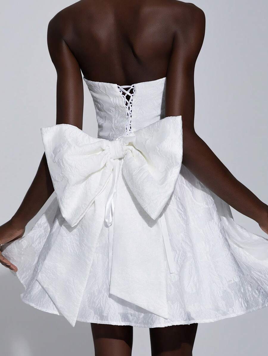Elitara Vestido de satén con bustier elegante y lujoso con detalle de lazo oversize, adecuado para bodas, fiestas, vacaciones, banquetes y regalos de novia - Blanco - Ver 1